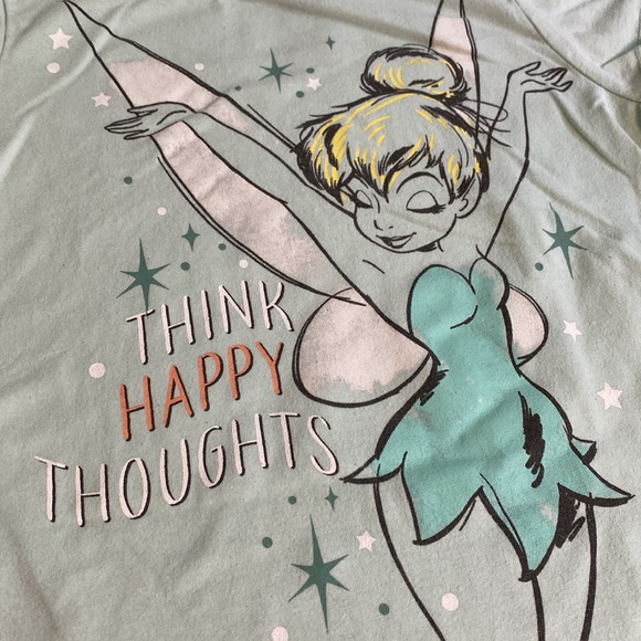 Disney Mint Green Tinkerbell Think Happy Thoughts Peter Pan Soft Tee Shirt - Picture 2 of 4